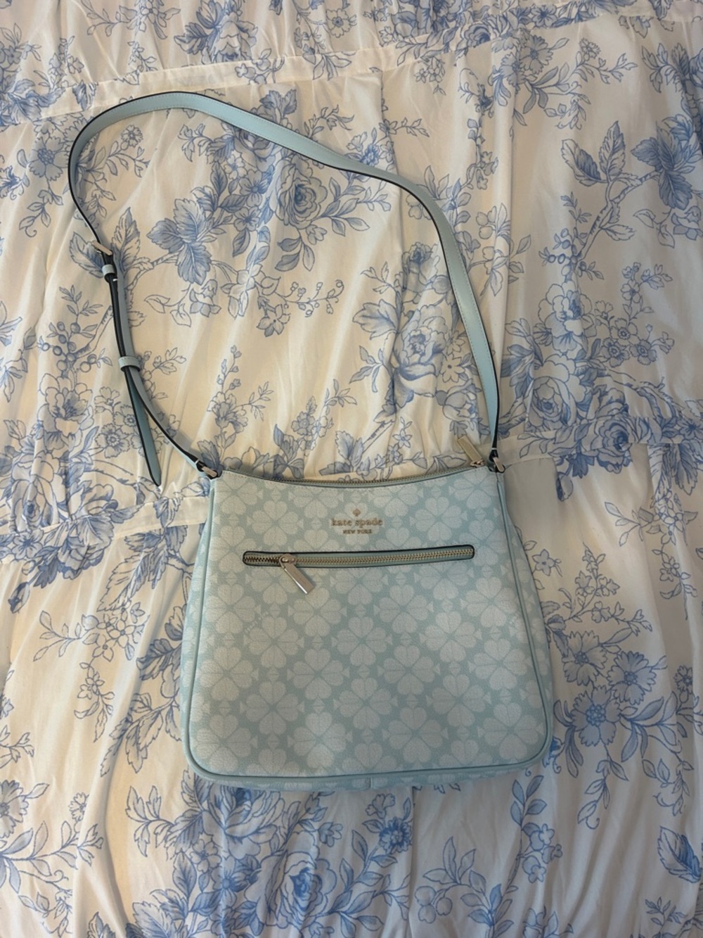 kate spade light blue floral jacquard crossbody with gold accents
